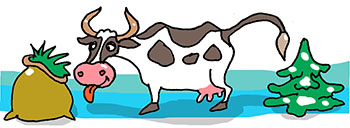 Карикатура о годе быка. Корова на снегу ест траву