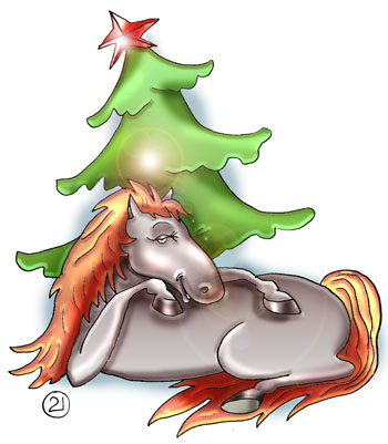 Карикатура о годе лошади. Год лошади. Лошадь отдыхает под елкой после бурной встречи Нового года. 