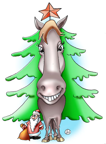 Карикатура о годе лошади. Год лошади. Лошадь в виде елочки. Звезда на голове елочки. Дед Мороз под елочкой. 