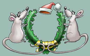 Карикатура про год мыши. Мыши крысы держат символ Нового года.