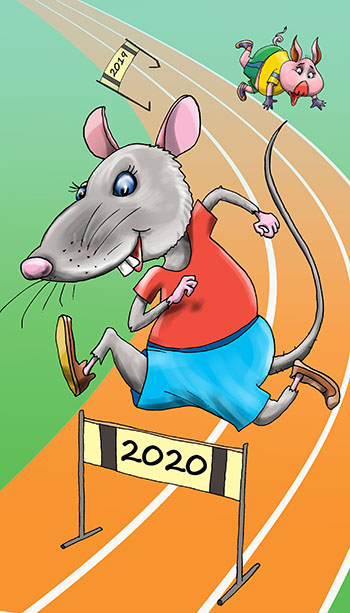 Карикатура про год крысы. Крыса бежит в Нгвый год. Свинья отстает.