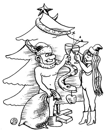 Карикатура о змеях. Дед Мороз и Снегурочка у елки чокаются бокалами с шампанским голые как Адам и Ева. В год змеи их искусил зеленый змий на зеленной елке с большим яблоком греха в виде елочной игрушки.