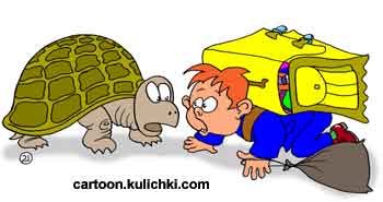 Карикатура о большой нагрузки на школьника. Много тяжелых учебников. Первоклассник под тяжестью ранца ползет как черепаха.