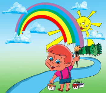 Карикатура о мальчике рисующем радугу. Мальчик взял краски и кисточку, нарисовал радугу на небе. Солнце смеется. 