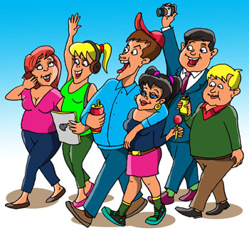 Карикатура о молодежи. Молодежь с пивом, с айпадами, со смартфонами, с плеерами гуляют и радуются жизни.