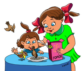 Карикатура про кормление воробьев горохом. Две девочки кормят воробьев горохом из коробочки. Птички радостно клюют из тарелки.