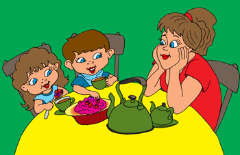 Карикатура про чай с малиной. Мама насобирала малины. Сыновья лакомятся малиной, пьют чай.