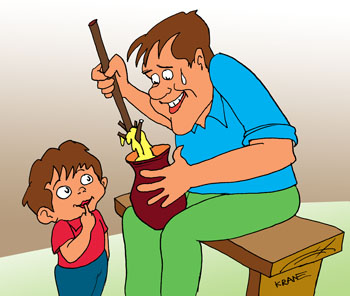 Карикатура про взбивание сливочного масла. Отец показывает сыну как взбивать масло в толкучке веселкой.
