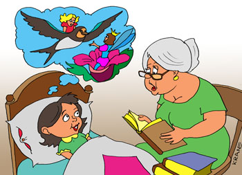 Карикатура про сказку о Дюймовочке. Бабушка читает сказку на ночь внучке про Дюймовочку, ласточку и принца