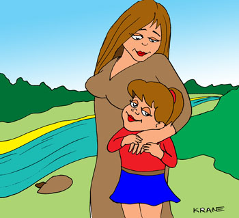 Карикатура про любовь к маме. Дочь гуляет со свей мамой. Прижимается к маме и держит ее руку.