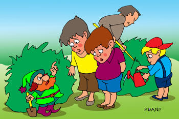 Карикатура про ленивых мальчиков. Мальчик в коротких штанишках помогает папе в саду, а два его старших брата не хотят работать. Из кустов вылез гном и стал воспитывать лентяев.