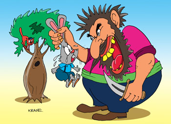 Карикатура о Бармалее. Бармалей поймал зайку и собрался его съесть. Кот спрыгнул с дерева и укусил Бармалея.