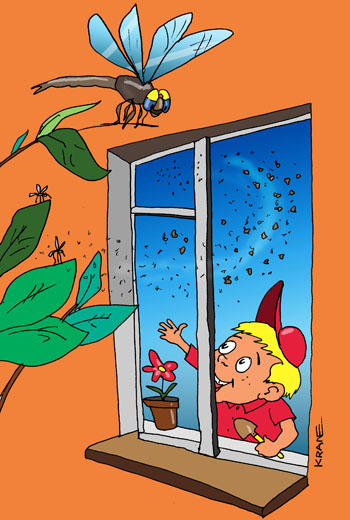 Карикатура о стрекозе. Мальчик смотрит в окно на мошек, комаров и завет стрекозу. Стрекоза спасет от мошкары.