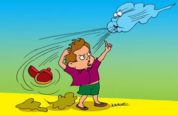 Карикатура о ветре. Ветер сорвал с мальчика кепку. Мальчик грозит озорному ветерку пальцем.