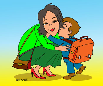 Карикатура о поцелуе. Мальчик целует свою маму в щечку. Мама встречает своего мальчика из школы. Первоклассник с ранцем за плечами. 
