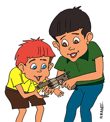 Карикатура о револьвере. Мальчишки нашли наган.