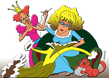 Карикатура о золотошвейке. Золотошвейка шьет платье для принцесы. Кот с клубком ниток помогает шить.