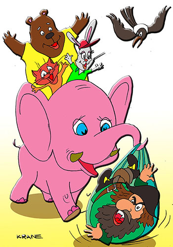 Карикатура о Бармалее. Слоненок несет в сетке Бармалея. Друзья едет на слоне по Африке.