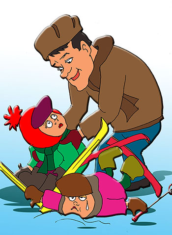 Карикатура о лыжах. Два мальчика катались на лыжах. Папа поднимает мальчика.