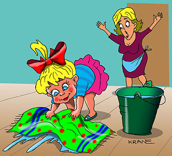 Карикатура о маминой помошнице. Трех летняя дочка помогает маме мыть пол. Взяла полотенце и трет им паркет.