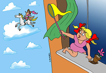 Карикатура про принца на белом коне. карикатура. Девочка сачком ловит своего принца на белом коне летящего по облакам.