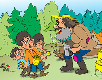 Карикатура о пчеловоде. Трое ребят собирали землянику и вышли на пасеку. Испугались пасечника.