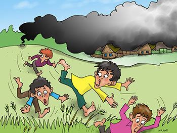 Карикатура о дымовой шашке. Пацаны подожгли дымовую шашку и испугались, вся деревня в дыму.