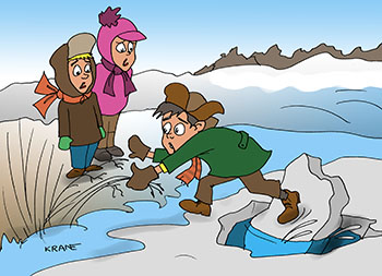 Карикатура о льде на озере. Мальчик на тонком льду чуть не провалился. Зацепился за прутики. Друзья с ужасом наблюдали на берегу.