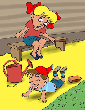 Карикатура о падении. Младший брат бежал и упал, запнулся. Но ему не больно и он не плачет, а смеется.