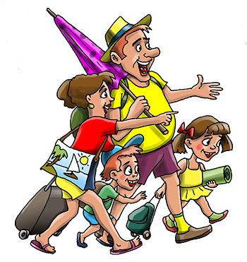 Карикатура о семье на отдыхе. Семья мама, папа, дочь и сын на отдыхе выбирают отель пять звёзд. Несут зонтик от солнца, коврик и другие вещи
