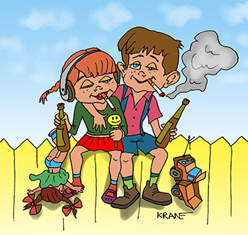 Карикатура про вредные привычки. Дети курят и пьют алкоголь. Родители передают культуру вредных привычек своим детям. Учат с детства пить и курить.