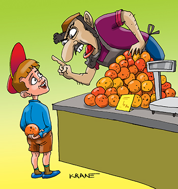 Карикатура про апельсины на базаре. На базаре мальчик долго стоит перед горкой апельсинов. Хозяин товара не выдержал:
— Я вижу, ты пытаешься украсть апельсин!
— Наоборот, я пытаюсь не украсть…