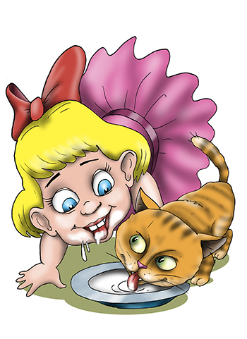 Иллюстрация к книжке Александра Новопашина "СКазки бабы Зины" Девочка и кот вместе пьют молоко из блюдца