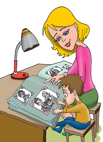 Иллюстрация к книжке Александра Новопашина "СКазки бабы Зины" Мама с сыном разглядывают фотографии в старом альбоме.