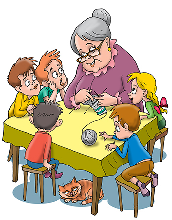 Иллюстрация к книжке Александра Новопашина "СКазки бабы Зины" Бабушка рассказывает сказки и вяжет носок. Дети слушают сказку.