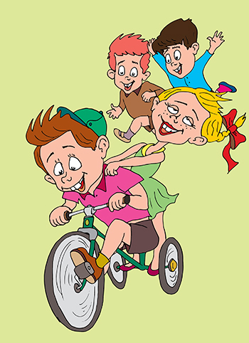"Сказки бабы Зины". Мальчик на трехколёсном велосипеде катает девочку. Мальчишки бегут за велосипедом.