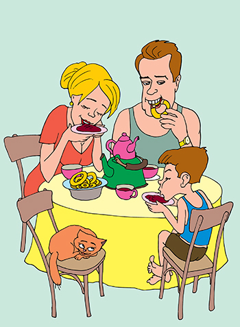 Иллюстрация к книжке Александра Новопашина "Сказки бабкы Зины" Семья за столом пьют чай из блюдца с сушками и баранками.