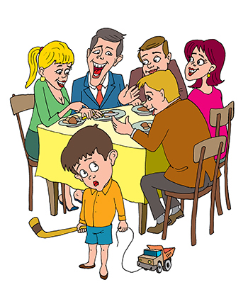 Иллюстрация к книжке Александра Новопашина "Сказки бабкы Зины" Мальчик смотрит на взрослых за праздничным столом