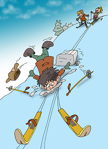 Иллюстрация к книжке Александра Новопашина "Сказки бабкы Зины" Мальчик на лыжах с горы на трамплин и упал. Друзья смеются.