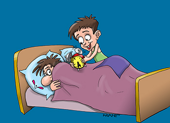 Карикатура про выходной поспать. Дети – это счастье. Счастье начать отдыхать в выходной не с 11-12, а часов с 7! 
