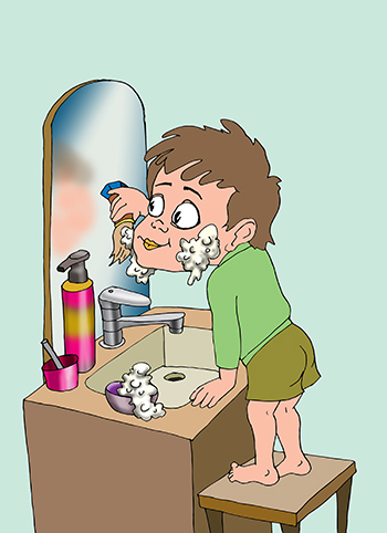 Иллюстрация к книжке Александра Новопашина "Сказки бабы Зины". Мальчик как папа намылил щеки кремом для бритья.