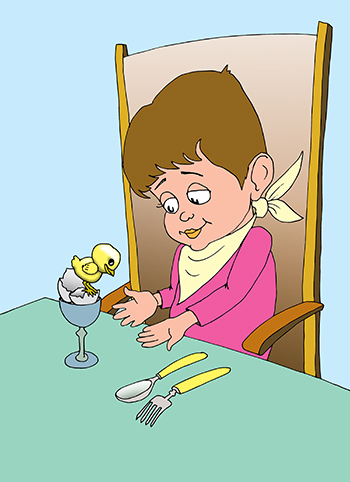 Иллюстрация к книжке Александра Новопашина "Сказки бабы Зины". Мальчик кушает за столом яйцо. Из яйца вылупился цыплёнок.