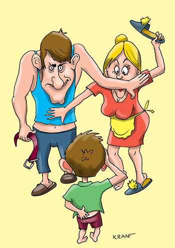 Карикатура про рукоприкладство. Насилие в семье. Родители воспитывают ребенка телесными наказаниями.