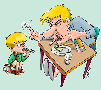 Карикатура про воспитание. Отец подает дурной пример своему сыну курит и пьет.