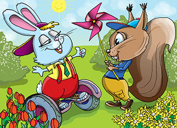 Карикатура про зайчонка на скутере бельчонка с пропеллером. Зайчонок и бельчонок дружат и вместе гуляют в солнечную погоду