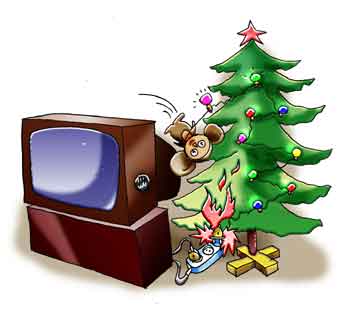Комикс про новогодний пожар. Чебурашка упал на гирлянду и загорелась электрогирлянда на елке.