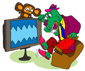 Крокодил Гена смотрит телепередачу ИРАЙ ГОРМОНЬ. Чебурашка сидит на телевизоре. Гена стучит по телевизору кулаком. На экране рябь.