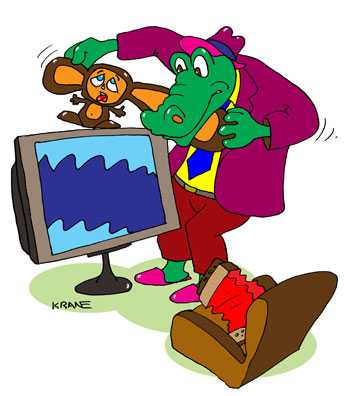 Крокодил Гена смотрит телепередачу ИРАЙ ГОРМОНЬ. Гена настраивает телеантенну дергая за уши Чебурашку. На экране рябь.