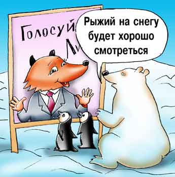 Комикс о предвыборной компании рыжего наглого лиса. Лис баллотируется в Арктике. Пингвины и белый медведь его избиратели.