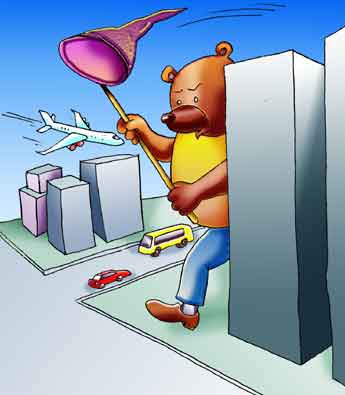 Комикс о теракте 11 сентября. Медведь ловит сачком самолеты.